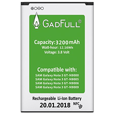 GadFull® Battery for Samsung Galaxy Note 3 | Production date 2018 | Corresponds to the original EB-B800BE | Smartphone model GT-N9000 | GT-N9005 | GT-N 9006 | GT-N9009 | replacement battery