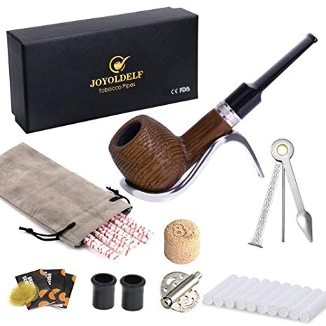 Oak Tobacco Pipe Set, Wooden Smoking Pipe Kit with Stainless Steel Pipe Display Holder, Cleaning Tool and Other Accessories