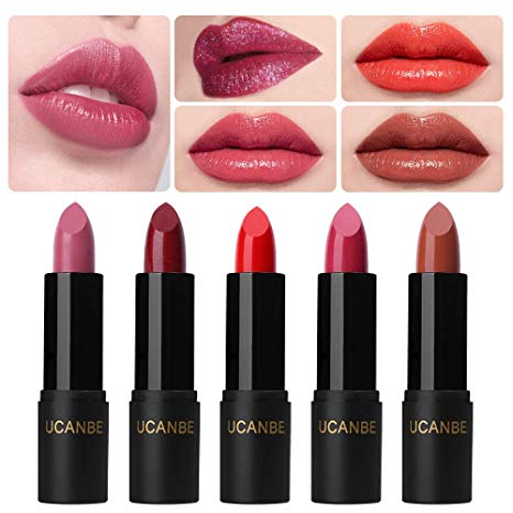 UCANBE Matte Lipstick Set 5 PCS Highly Pigmented Super Creamy Silk Lip Stick Natural Long Wearing Moisturizing Velvet Lipstick Kit Glitter Shimmer Lip Gloss Cosmetic