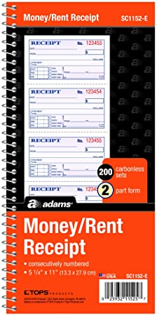 Adams Money and Rent Receipt Books 2 Part Carbonless New Color Cover, White, Canary & Pages, 5-1/4" x 11", Spiral Bound, 200 Set Book, 4 Receipts per Page reciept Book Booklet (SC1182 -E)