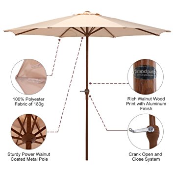 Grand patio 9 Ft Market Round Umbrella, Patio Lawn Umbrella with Push Button Walnut Tilt and Crank,8 Ribs(Dark Champagne)