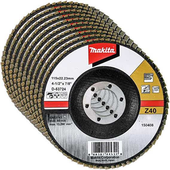 Makita 10 Pack - 40 Grit Flap Disc For Grinders - Aggressive Conditioning For Metal, Stainless Steel & Non-Ferrous - 4-1/2" x 7/8-Inch | Z40 Angled