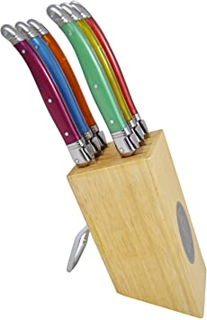 Neron Coutellerie Laguiole 6 Piece Steak Knife Set with Wooden Block and Color Handle by Jean Neron