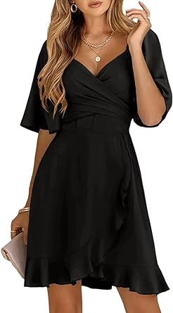 Dokotoo Women's Wrap V Neck Short Flared Sleeve Wedding Guest Dress Smocked Elastic Waist Tiered Belted Ruffle Hem Mini Dress