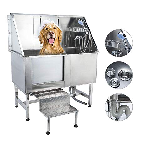 CO-Z 50 Inches Professional Stainless Steel Pet Dog Grooming Bath Tub Station Wash Shower Sink with Faucet Walk-in Ramp and Accessories (50 Inches Pet Grooming Tub Station)