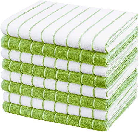 Gryeer Microfiber Kitchen Towels, Stripe Designed, Soft and Super Absorbent Dish Towels, Pack of 8, 18 x 26 Inch, Lima bean Green and White