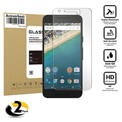 Nexus 5x Tempered Glass Screen Protector [2-Pack], Acoverbest Screen Protector [3D Touch Compatible], HD Anti-Fingerprint Bubble Free Scratch Proof Screen Protector for LG(Google)Nexus 5x 2015