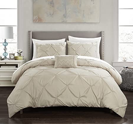 Chic Home Daya 4 Piece Duvet Cover Set Pinch Pleat Ruffled Design Embellished Zipper Closure Bedding - Decorative Pillow Shams Included, Queen, Taupe