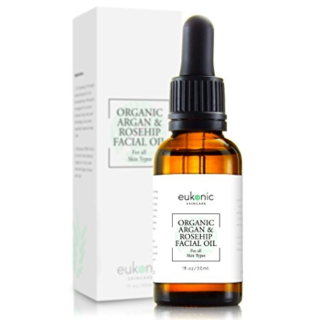 Organic Rosehip Seed & Argan Facial Oil by Eukonic | Cold Pressed Essential Oils Blend for Face, Skin, Hair, Stretch Marks, Scars, Wrinkles & Fine Lines | Omega 3,6 & 9 | Made in USA | 1 Oz