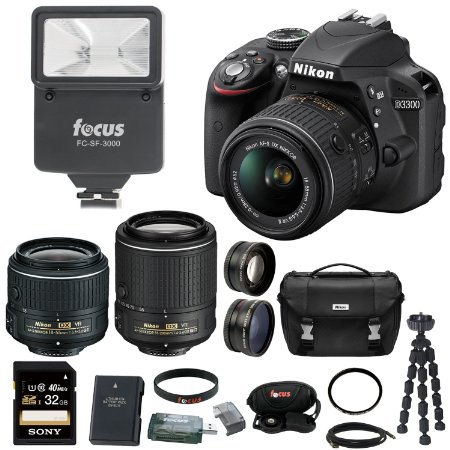 Nikon D3300 DSLR Camera 4 Lens Kit 18-55mm 55-200mm VR Lens 52mm Wide and Tele Lens and 32GB Bundle