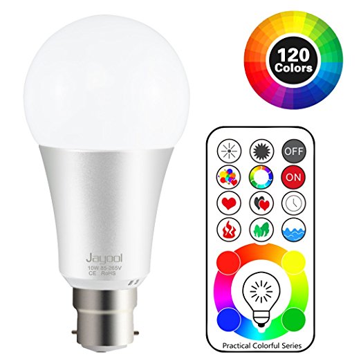 Jayool® B22 120 Multi Colours RGBW LED Colour Changing Light Bulb, Remote Control Bulb with Timing 10W A60 Bayonet,RGB Daylight White(6500K) ---3rd Generation(1 Pack)