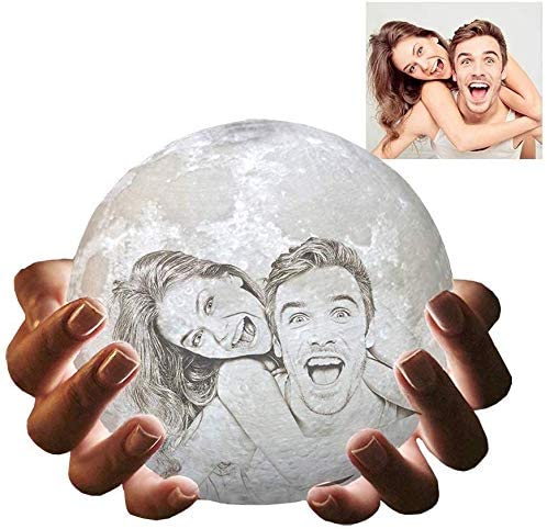 Personalized Moon Lamp with Your Own Picture, 3D Printed 3 Colors Customized Moon Light with Wood Stand (7.1")