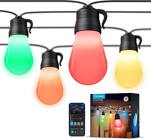 Govee Smart Outdoor String Lights with 8 Dimmable RGBIC LED Bulbs, 24ft IP65 Waterproof Shatterproof Patio Lights, Color Changing Warm White Lights with 47 Scene Modes for Balcony, Backyard, Party