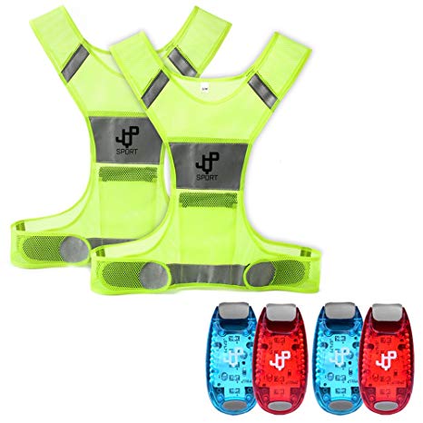 JQP Sports Running Vest and 4 LED Safety Light Sets (4-Pack and 3 Bonuses), The Perfect Waterproof Running Light and Reflective Vest Suitable for Jogging Cycling Biking Dog Walking Strobe Light