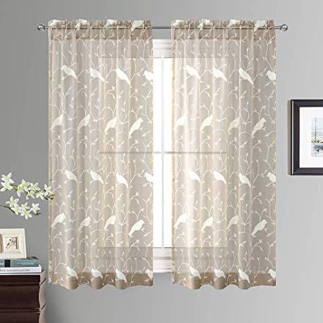 VOGOL Sheer Curtains 63 Inch Length, White Bird Embroidered Taupe Sheer Curtains for Bedroom, Kitchen, Small Windows, W42 X L63, 2-Panel Pack