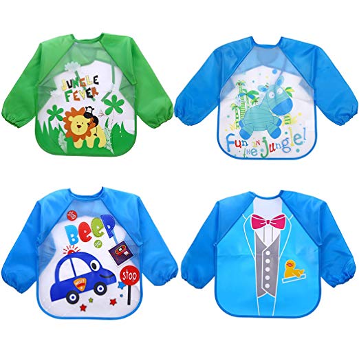 Sleeve Bibs, Aniwon 4Pcs Baby Bibs Cute Animal Food Waterproof Bibs with Sleeves for 1-5 Years Old Infant Toddler