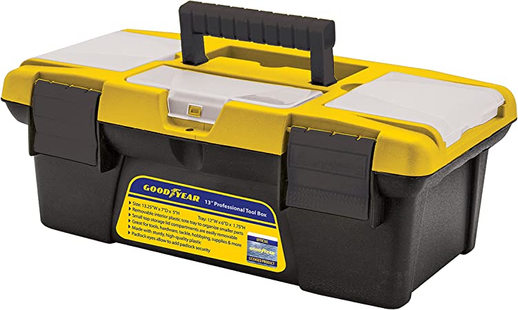 Goodyear, 13 Inch Small Tool Box, Plastic Box with Handle, Tool Organizer Storage Box, Removable Inner Tray, Lightwieght & Easy to Carry, Mini Toolbox