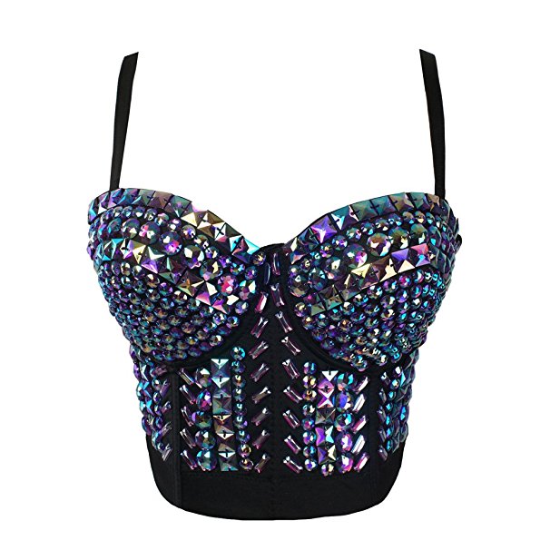 She'sModa Women's Rhinestone Beaded Push Up Bustier Club Party Crop Top Vest