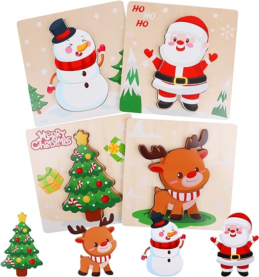 CCINEE 4 Pack Christmas Wooden Puzzles for Kids, Xmas Wooden Jigsaw Puzzles Montessori Toys for Xmas Party Favors Toddlers Gift Classroom Prizes