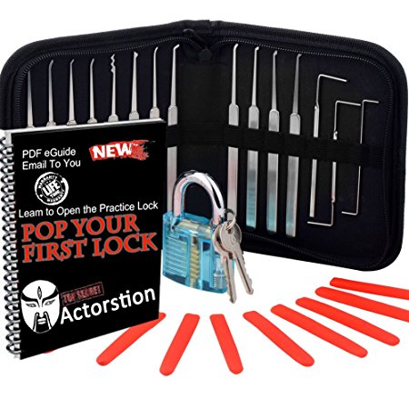 Actorstion 15 Piece Lock Pick Set with Transparent Blue Padlock and Lock Picking Ebook - Includes Stainless Steel Locksmith Picks, See Through Practice Lock