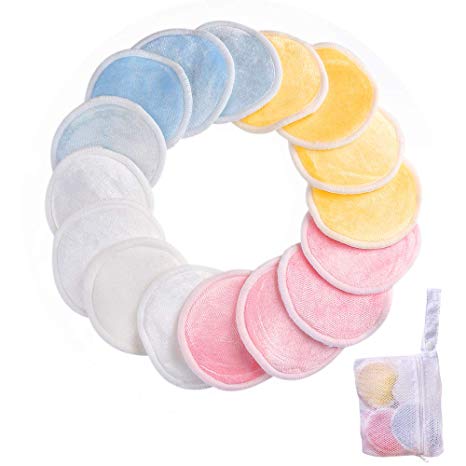 Reusable Make up Remover Pads, 16 Pack 3 Layers Bamboo Cotton Pads with Laundry Bag, Soft Washable Facial Cleansing Cloths for Woman Facial Skin Care - Eye Face Wipe Pads