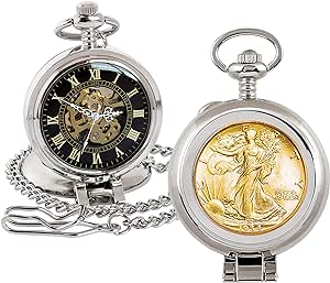 American Coin Treasures U.S. Coin Pocket Watch with Skeleton Quartz Movement | Gold Layered Silver Walking Liberty Half Dollar | Sweeping Second Hand, Roman Numerals | Certificate of Authenticity