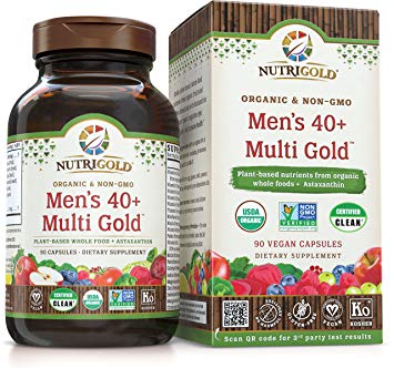 NUTRIGOLD Men's 40  MULTIVITAMIN 90cap (Organic, nonGMO, wholefood Vitamins and Minerals from Real Fruits, Vegetables, and Herbs. Now Includes Astaxanthin