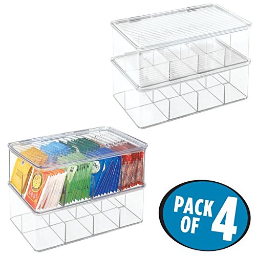 mDesign Kitchen Cabinet Organizer Box for Tea Bags, Sugar Packets, Sweeteners - Pack of 4, Clear