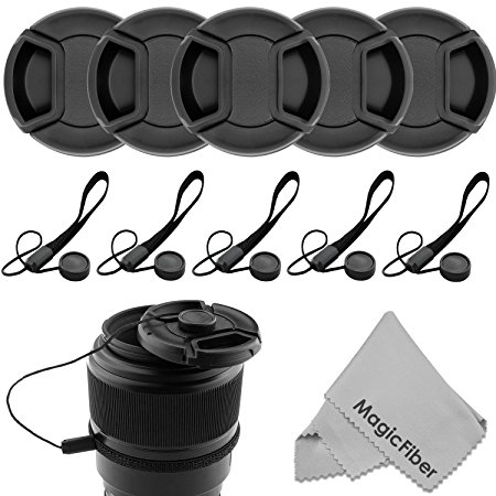 (10 Pcs Bundle) 5 Center Pinch Lens Cap (52mm) and 5 Cap Keeper Leash for Canon, Nikon, Sony and any other DSLR Camera   MagicFiber Microfiber Premium Lens Cleaning Cloth