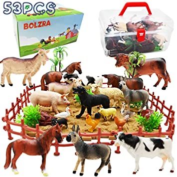 Farm Animals Figurines Toys, 53PCS Realistic Plastic Farm Playset with Fences Soil Puzzle Blocks, Farm Figures Learning Educational Toys for Boys Girls, Toddlers Cupcake Topper Birthday Set