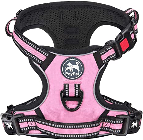 PoyPet No Pull Dog Harness, [Release on Neck] Reflective Adjustable No Choke Pet Vest with Front & Back 2 Leash Attachments, Soft Control Training Handle for Small Medium Large Dogs