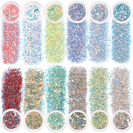 12 Colors Chunky Glitter Nail Sequins, KISSBUTY Body Glitter Mixed Color Glitter Sequins Nail Art Gilter Iridescent Flakes Colorful Paillette Festival Glitter for Body Face Hair Make Up Nail Art