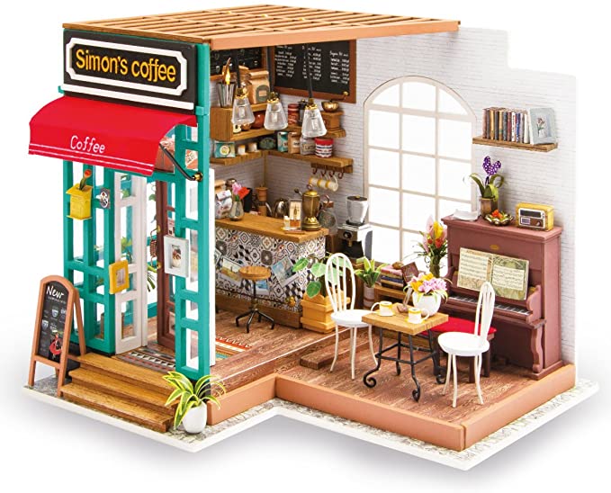 Rolife Dollhouse Wooden Mini House Crafts-DIY Model Kits with Furniture and Accessories- Handmade Construction Kit-Christmas Birthday Gifts for Boys Girls Women Friends (Simon's Coffee)