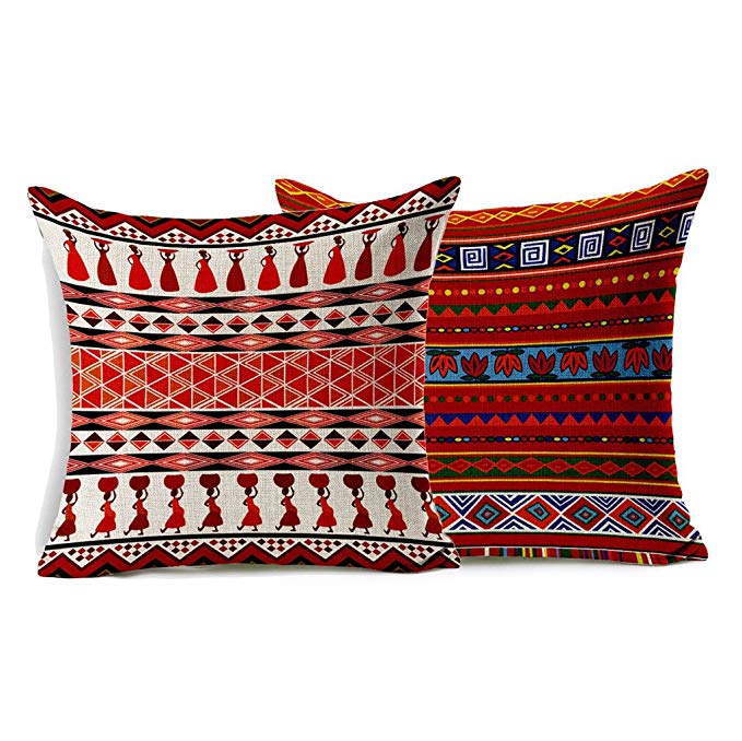 VOGOL 2-Pack Cotton Linen Sofa Home Decor Design Throw Pillow Case Cushion Covers Square 18 Inch(Set of 2 Ethnic African Style Series)