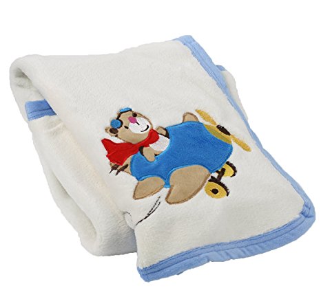Super Soft Blue Plane & Bear Lalunar Appliqued Fleece Baby Blanket 32 X 40