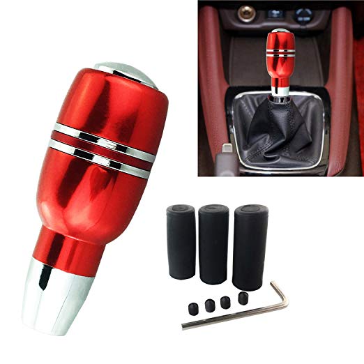 Arenbel Red Leather Car Gear Stick Shifter Knob, New Universal Manual and Automatic with Button Shift Lever, Fit Most Cars