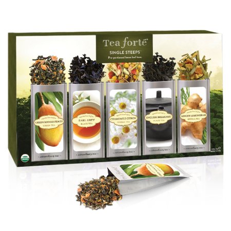 Tea Forte Classic SINGLE STEEPS Loose Leaf Tea Sampler 15 Single Serve Pouches - Green Tea Herbal Tea Black Tea