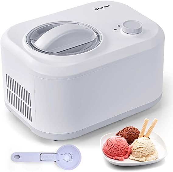 COSTWAY Ice Cream Maker, 1.1-Quart Automatic Electronic Gelato Maker with 3 Operation Modes, Built-In Compressor, Portable Homemade Dessert Maker with Spoon, Ice Cream Machine for Home, Dorm (White)