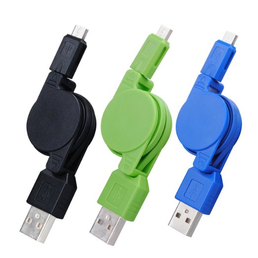 USB Retractable Cable, FiveBox Premium 3-Pack High Speed 2.5FT USB 2.0 A Male to Micro B Sync Data & Charge Cable for Android, Samsung Galaxy, HTC, LG, Sony, Blackberry and More Android Device