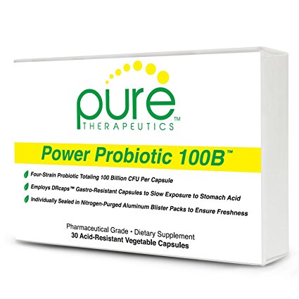 Power Probiotic 100B - 30 "Acid-Resistant" Vegetable Capsules | NO Refrigeration Required! | Dairy- and Gluten-Free | Vegetarian | Non-GMO | Four-Strain Probiotic Totaling 100 billion CFU Per Capsule | Individually Sealed in Nitrogen-Purged Aluminum Blister Packs to Insure Freshness | Pharmaceutical Grade