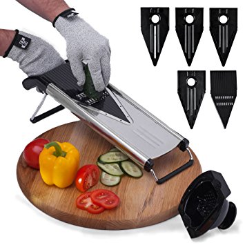 [Improved] #1 V-Blade Mandoline Slicer   FREE Cut-Resistant Gloves | Stainless Steel Adjustable Vegetable Slicer, Cutter, Julienne | Includes 5 Inserts, Blade Guard, Food Holder & Blade Safety Sleeve