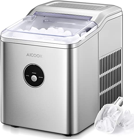 AICOOK Ice Maker Countertop, 28 lbs. Ice in 24 Hrs, 9 Ice Cubes Ready in 5 Minutes, Portable Ice Maker Machine 2L with LED Display Perfect for Parties Mixed Drinks, Ice Scoop and Basket (Silver)