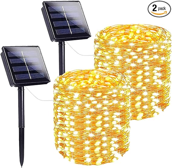 SANJICHA Extra-Long Solar String Lights Outdoor, 2-Pack Solar Christmas Lights, Waterproof Copper Wire 8 Modes Solar Twinkle Fairy Lights for Xmas Tree Garden Party Wedding Christmas Decor(Warm White)