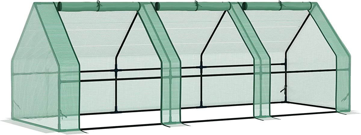 HOMCOM Mini Serre de Jardin 270L x 90l x 90H cm Acier PE Haute densité 140 g/m² Anti-UV 3 fenêtres avec Zip enroulables Vert