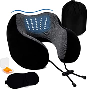 VASLON Travel Neck Pillow, Soft and Comfortable Memory Foam Neck Cushion, Head & Chin Support Travel Pillow Machine Washable for Travelling Flight Car Bus Train,with 3D Eye Mask,Earplugs & Luxury Bag