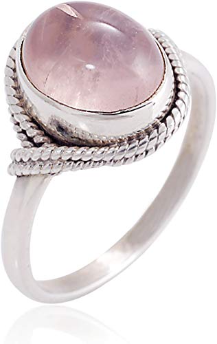 Chuvora Women’s 925 Sterling Silver Rose Quartz Oval Gemstone Vintage Ring, Available in Sizes 6-8