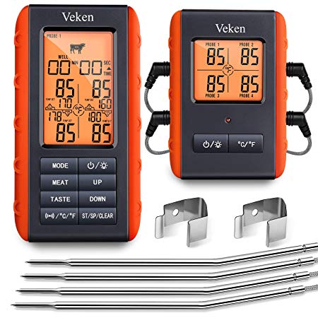 Veken BBQ Wireless Meat Grill Thermometer, 4 Probe Remote & Instant Read Digital Cooking Thermometer for Grilling, Waterproof Food Thermometer for Oven & Smoker & Roasting, 490 Feet