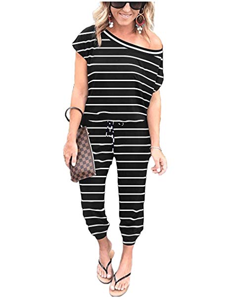 ANRABESS Women's Summer Solid Jumpsuit Casual Loose Short Sleeve Jumpsuit Rompers with Pockets Elastic Waist Playsuit