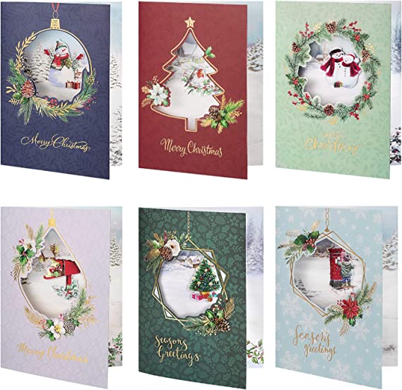 MoKo 6 Pack of Christmas Greeting Card Set, Colorful 3D Xmas Greeting Cards Gift Present Cards with Envelopes & Note Cards, Merry Christmas & Happy New Year Holiday Greeting Card Set, Colorful