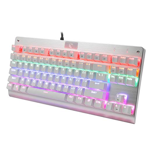 E-YOOSO Quiet Mechanical Gaming Keyboard for Office, 87 Keys Compact USB Wired Mechanical Keyboard with Replaceable Switches Aluminum Alloy Construction for PC Desktop (Red Switch White)